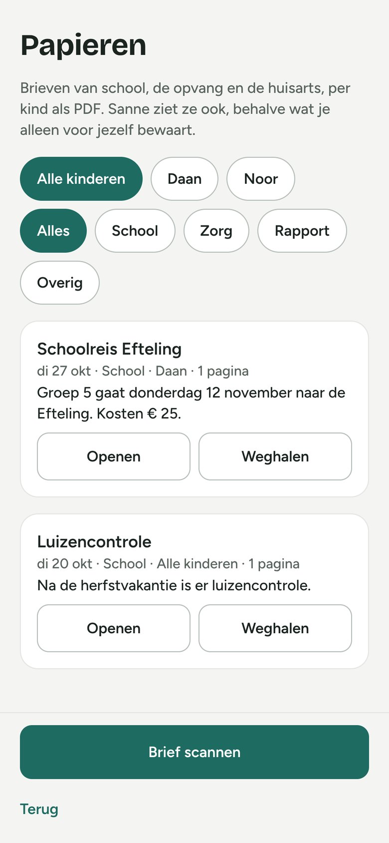 Papieren: gescande brieven per kind