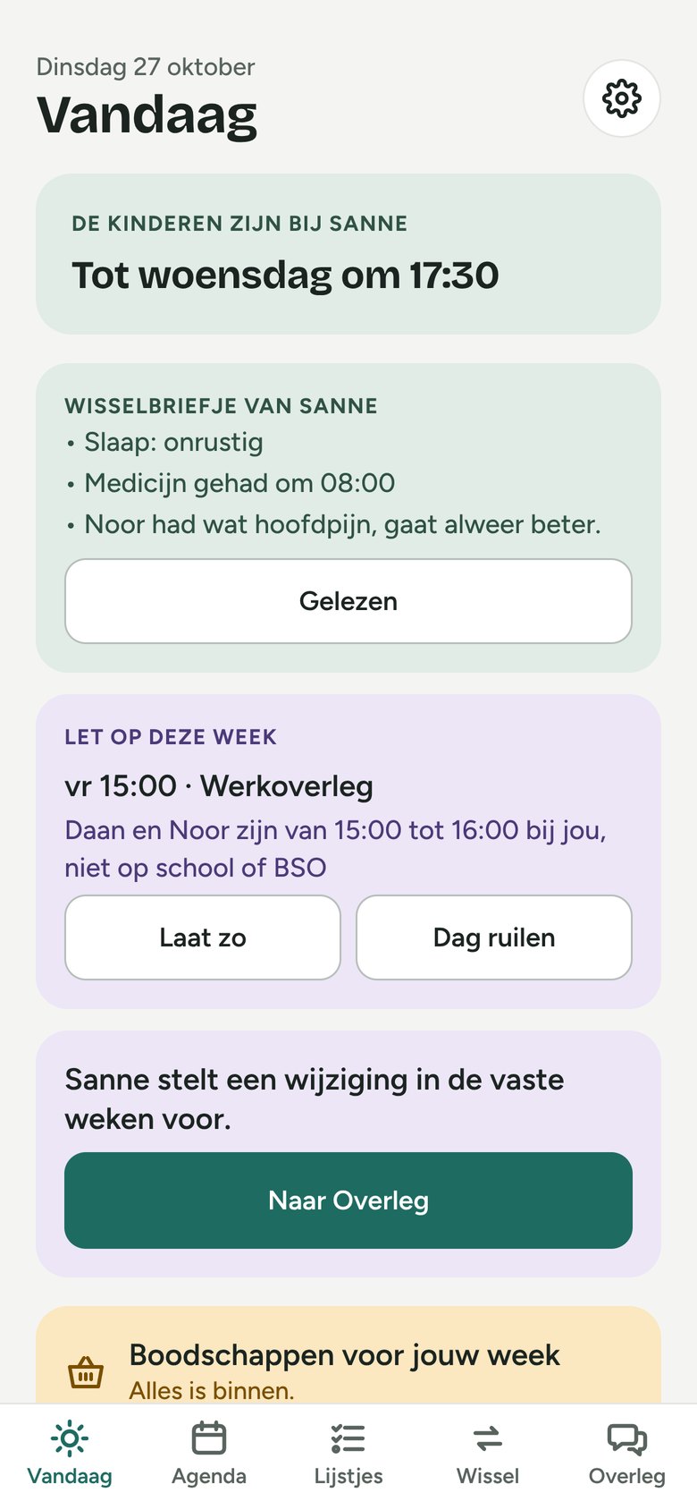 Vandaag-scherm met wisselbriefje en wat er deze week speelt